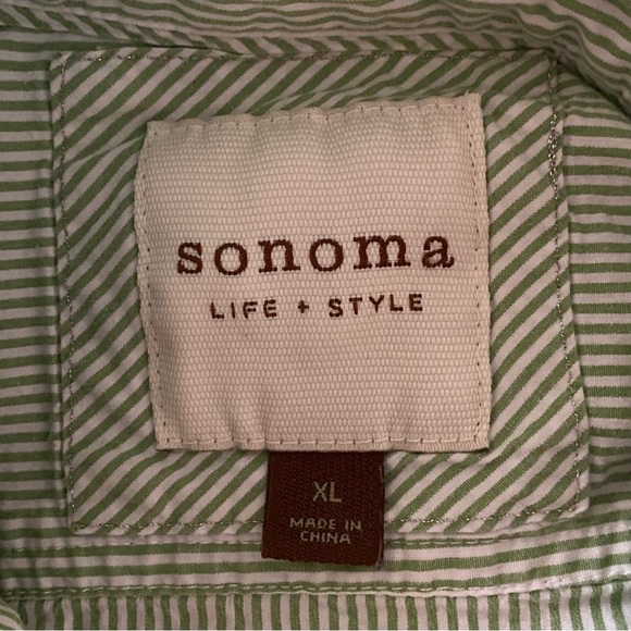 Vintage Women Size XL Sonoma Button Up Blouse Green White Stripes Pleated Lapel - Picture 7 of 9